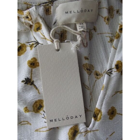 Melloday Blouse Womens Size 2X White Gold Floral Print Ruffle V-neck textured - Picture 4 of 12